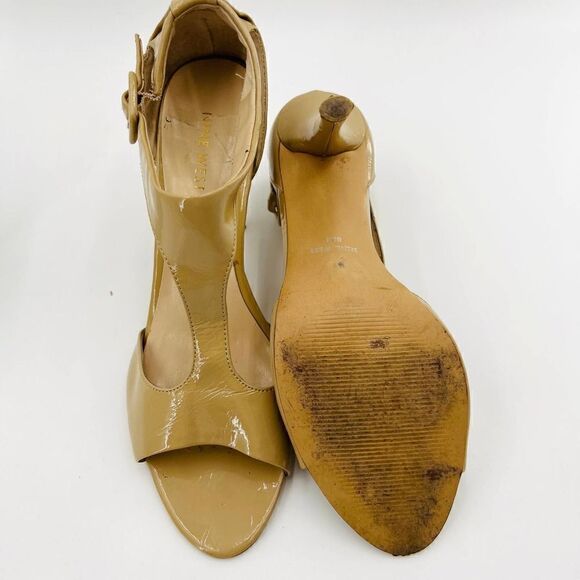 Nine West Nude Patent Leather T Strap Peep Toe Heels Sandals Size 8.5 - Picture 12 of 14